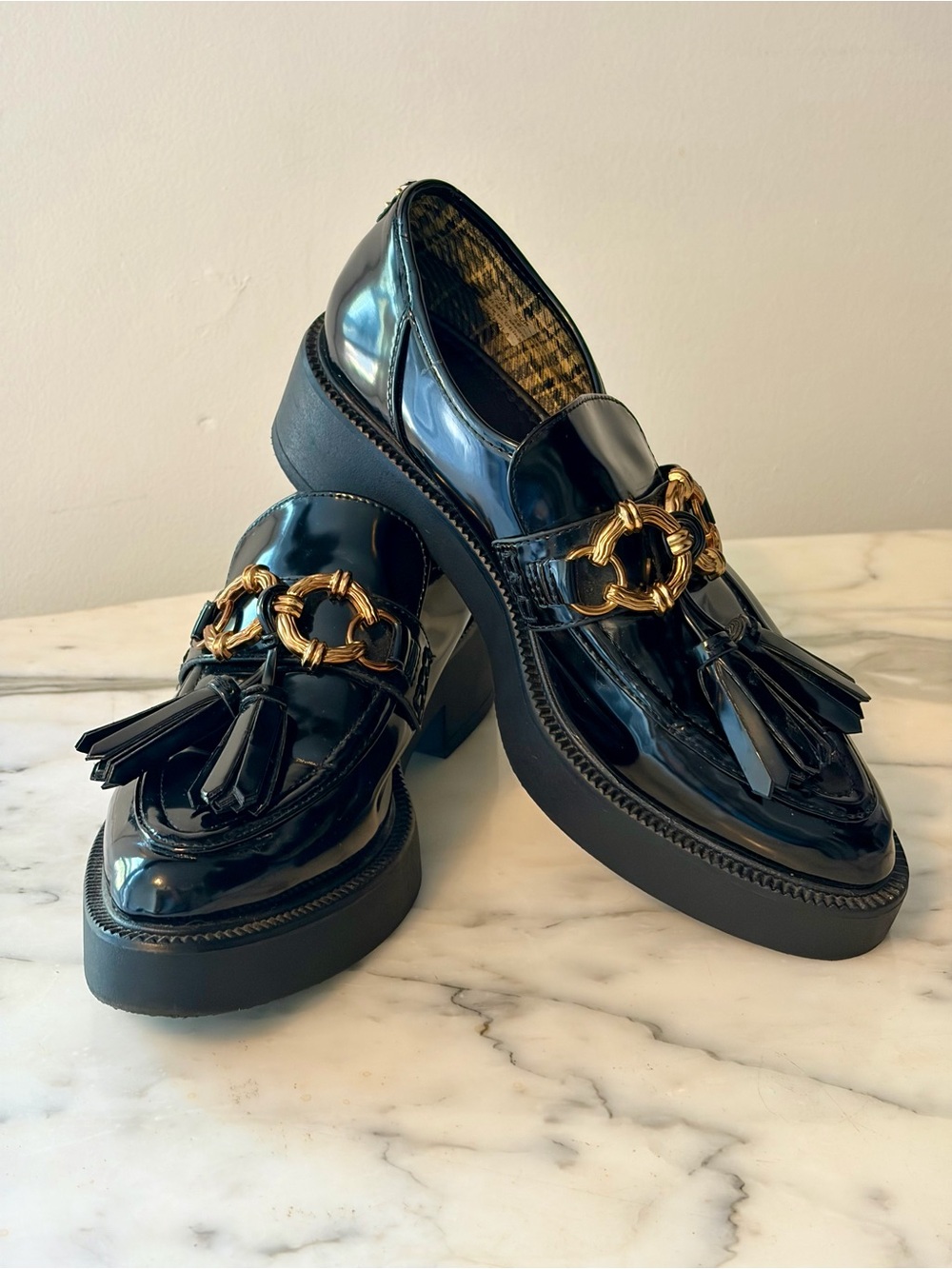 Circus by Sam Edelman Black Patent Tassel Loafers with Gold Chain